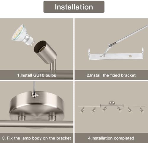 Dehobo Ceiling Spotlight Rotatable - Matte Nickel 6 Way GU10 LED Ceiling Light 350° Swivelling Adjustable Modern for Kitchen Living Room Bedroom, No Bulbs