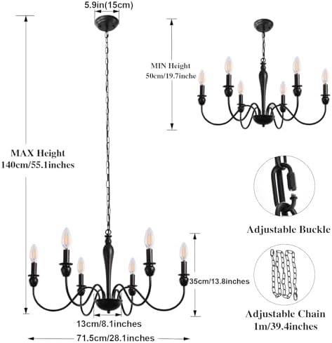 MRHYSWD Black Chandelier, 6 Lights Metal Vintage Chandeliers Ceiling Lights Living Room Bedroom Kitchen Hall, Vintage Pendant Light with E14 Socket - Height Adjustment - Without Bulbs