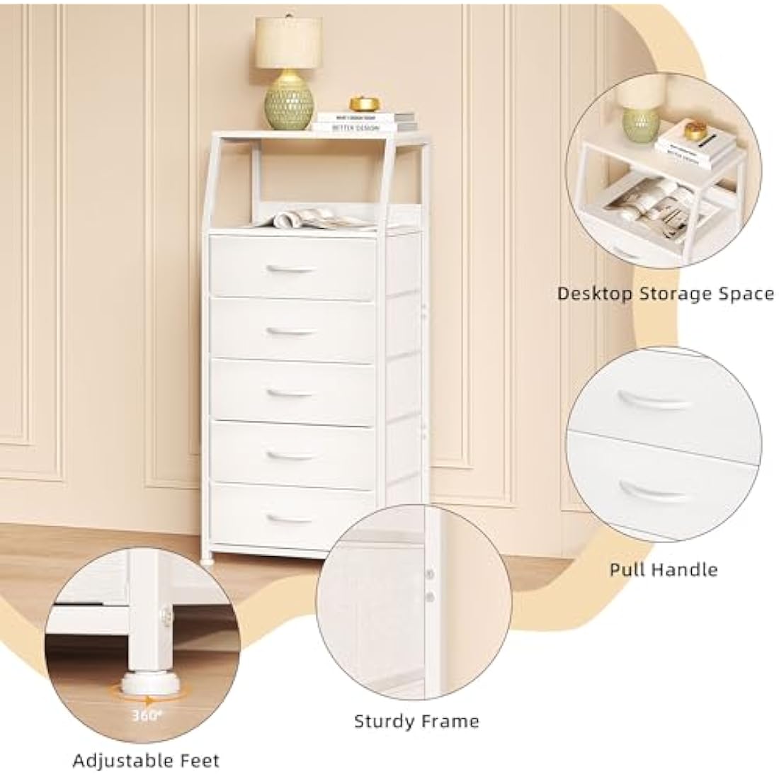 CAIYUN Chest of Drawers Bedroom with 5 Drawers, Tall Fabric Dresser with Shelf, Fabric Dresser for Entryway Hallway Living Room, Closet Storage Drawer, White