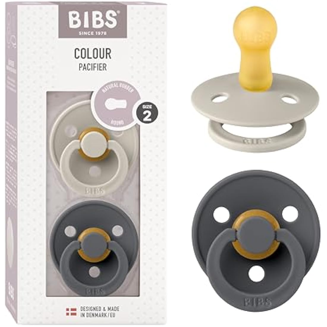 BIBS Colour Soother 2-Pack, BPA Free Dummy Pacifier, Round Nipple. Natural Rubber Latex, Made in Denmark. 6-18 Months (Pack of 2), Sand/Iron