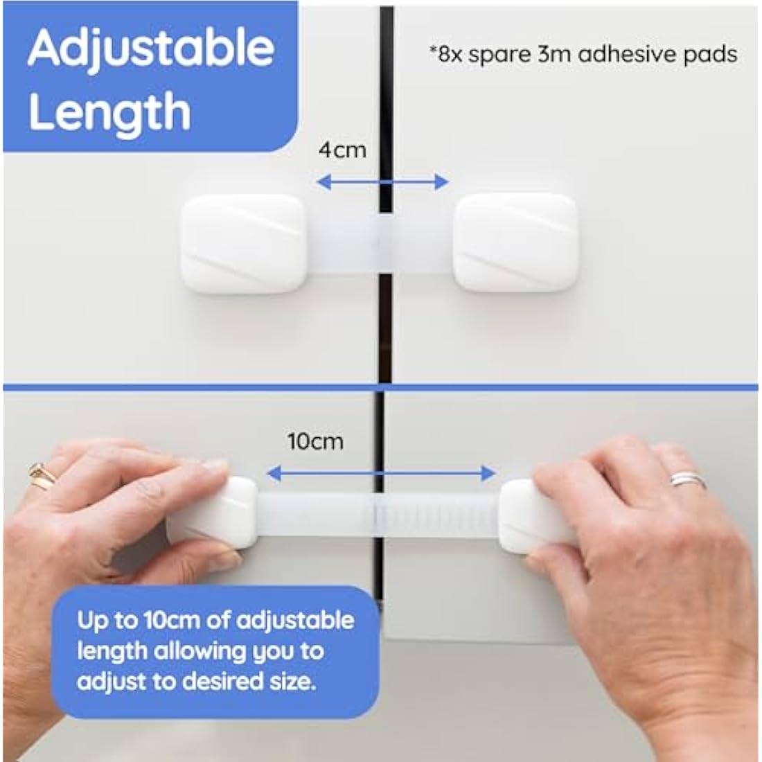 BABYGO® Child Safety Cupboard Locks for Children with Smart Unlock for Kitchen (8 Pack) | Adjustable Straps | Baby Proof Your Home in 30 Seconds | White