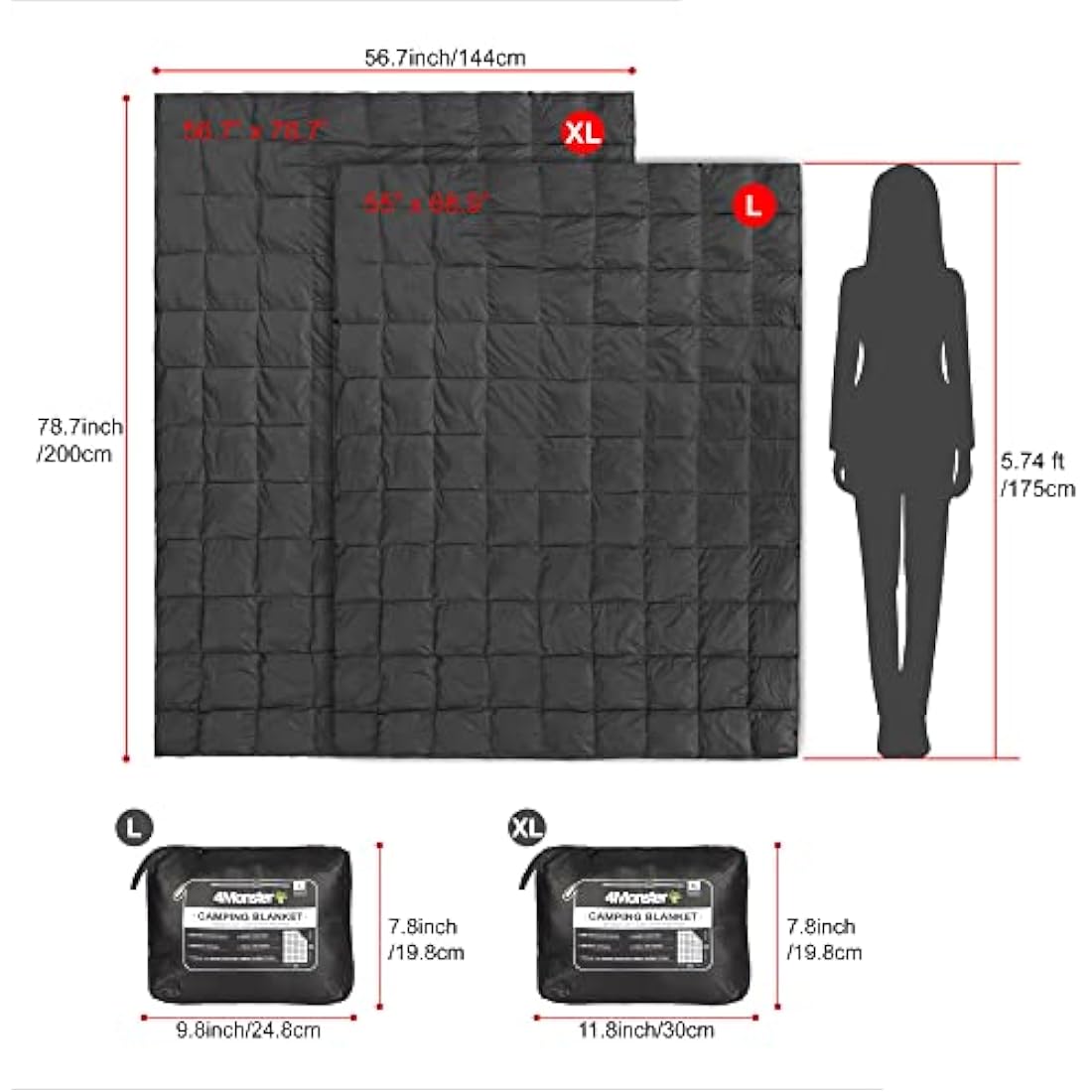 4Monster Camping Blanket Packable, Camping Quilt, Insulated Blanket Hammock Quilt, Camping Blanket for Cold Weather, Picnic, Hiking, Airplane, Travel, Beach, Stadium, Outdoor Gear, Black, XL