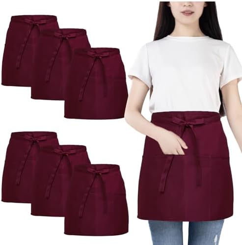 FunChaos 6 Pack Black Waist Apron, Waitress Apron with 3 Pockets, Waterproof Half Apron for Men and Women, Chef Apron for Cooking Cleaning Painting Gardening Bistro Restaurant