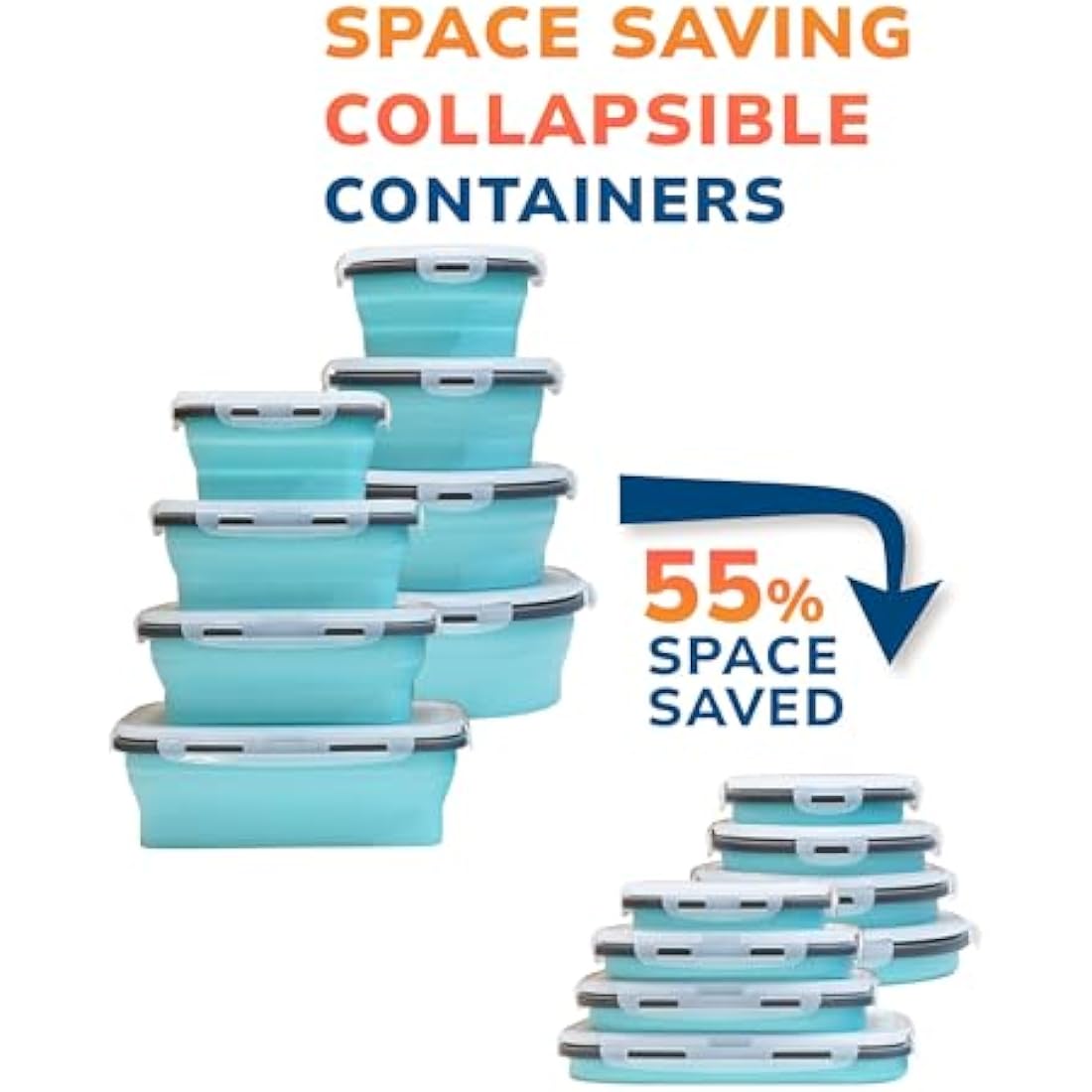 Lunememo Pack of 16 Foldable Food Storage Boxes with Lid, Collapsible Lunch Box, Foldable Silicone Bowl for Snacks, Meals, Leftovers, On the Go and Home, Blue