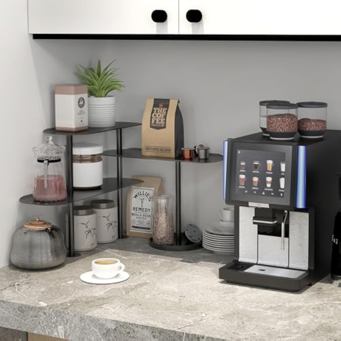STWWO Kitchen Countertop Organizer,3 Tier Adjustable Corner Shelf Metal Spice Rack Freestanding Desktop Storage Rack for Kitchen Coffee Bar Bathroom Counter Plant, Black