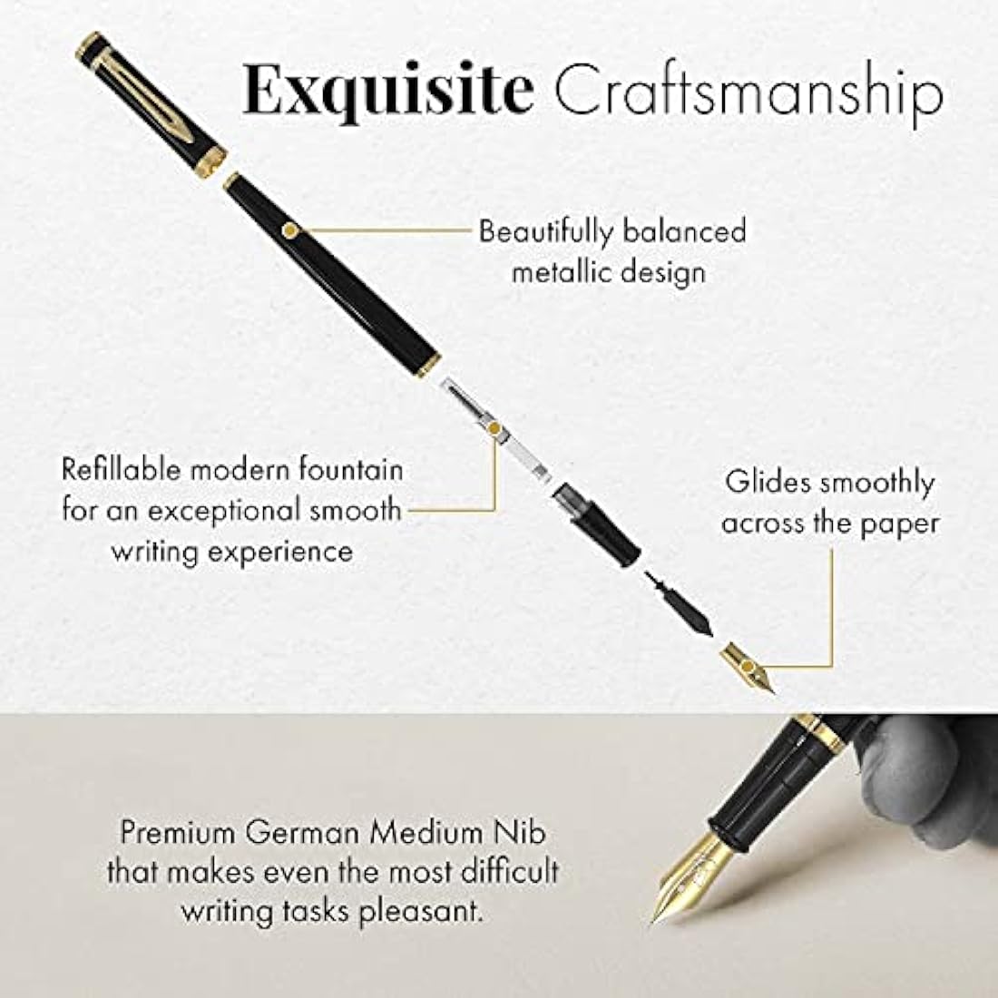 Wordsworth & Black Fountain Pen Set, 18K Gilded Medium and Extra Fine Nibs, 6 Ink Cartridges and Refill Converter, Gift Case, Smooth Writing Pens [Black Gold], Perfect for Men and Women