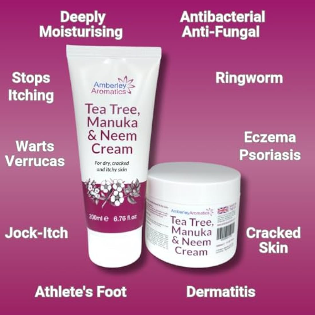 Tea Tree, Manuka & Neem Cream 350ml - Antibacterial, Anti-fungal, Antiseptic, Anti-Itch, Dry, Chapped & Cracked Skin, Eczema, Psoriasis, Jock Itch, Fungal infections. Fast Effective Relief