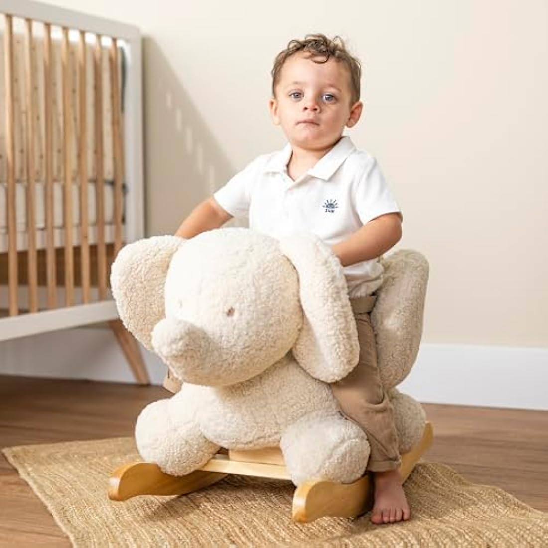 Nattou Wooden Rocker, Fully Padded Seat, Side Supports, Safety Belt, Handles For Small Hands, PETA-Approved Vegan, Soap-Water Cleaning, Super Soft Teddy Fabric Material, 10-36 Months, Ecru Elephant