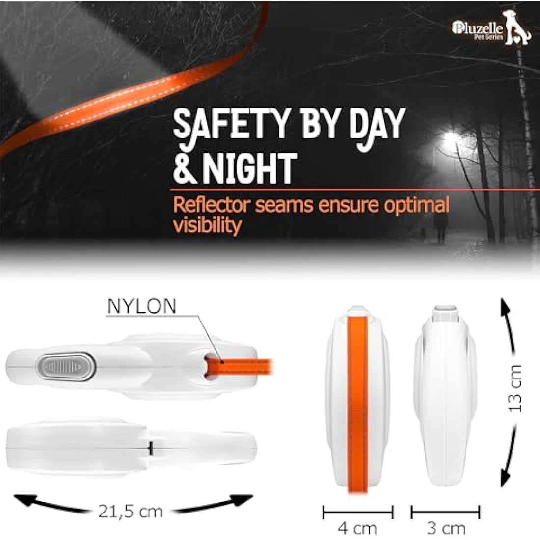 bluzelle 8m / 26ft Retractable Leash for Dogs up to 50kg / 110lbs, Bright Neon Orange Reflector Nylon Belt with 360° Snap Hook Metal, Reliable Braking One-Hand Ergonomic Rubberized Handle, White