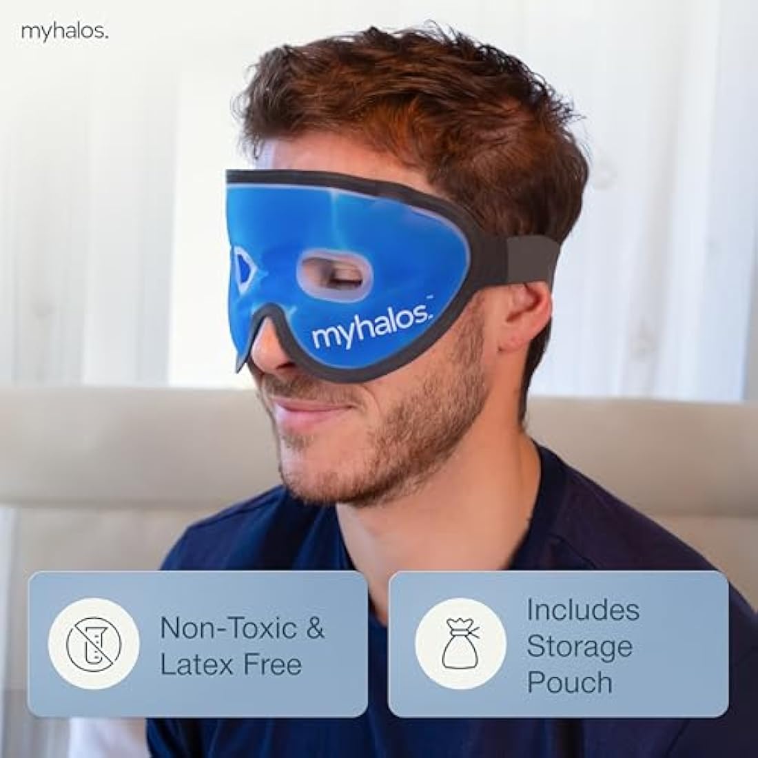 MyHalos Gel Eye Mask - Reusable Cooling Eye Mask with Adjustable Straps - Cold Mask for Puffy Eyes, Dark Circles and Hangovers - Eyes Ice Pack Compress for Sinus, Headaches & Puffiness, Blue (1-Pack)