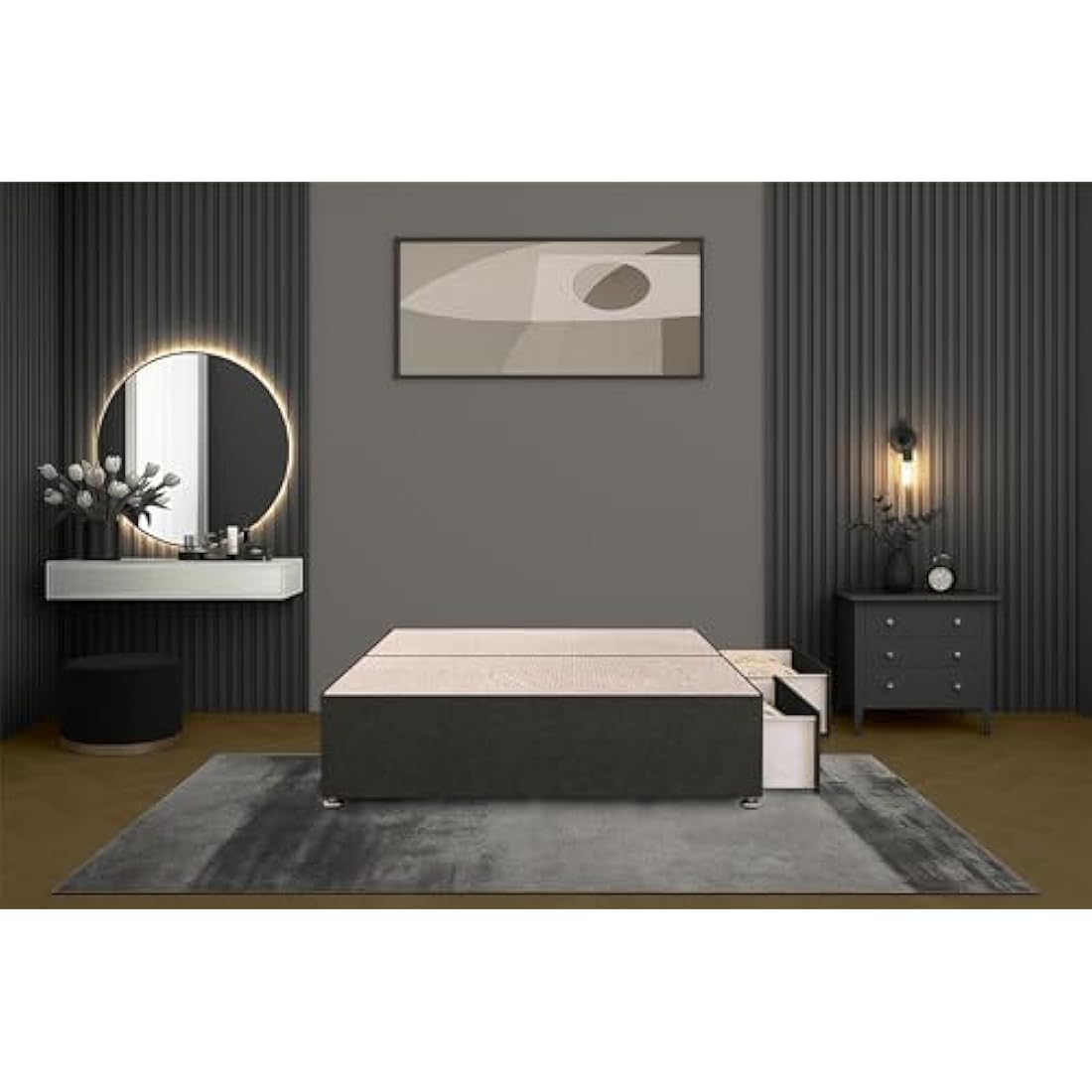 Bed Centre Bliss Grey Linen Divan Base with Optional Drawers and Headboard (3FT Single, 2 Drawers Same Side No Headboard)