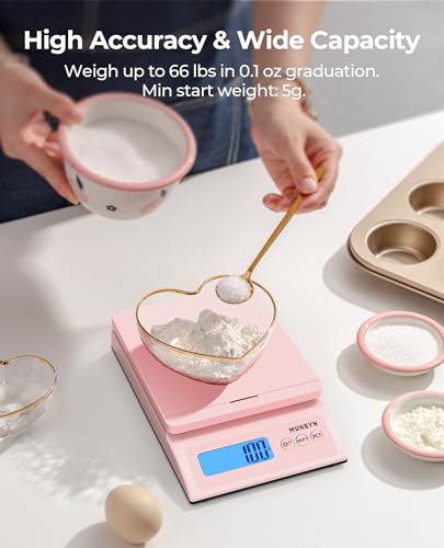 MUNBYN Shipping Scale, Accurate 30kg 66lb/0.1oz Postal Scale, with Pink Style, Hold/Tear/PCS Function, Auto-Off, Battery & AC Adapter, Back-Lit LCD Display, Digital Scale for Packages, Letters, Food