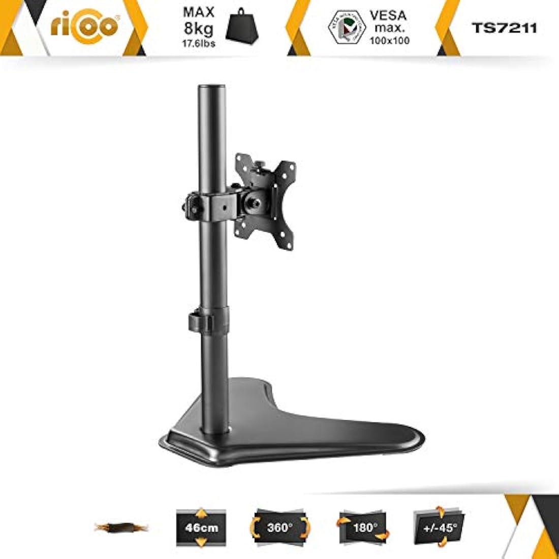 RICOO Single Monitor Stand Tilt Swivel 13-32 Inch TS7211 Universal VESA 75x75 100x100 Mount also Curved Screens Computer Monitor Bracket