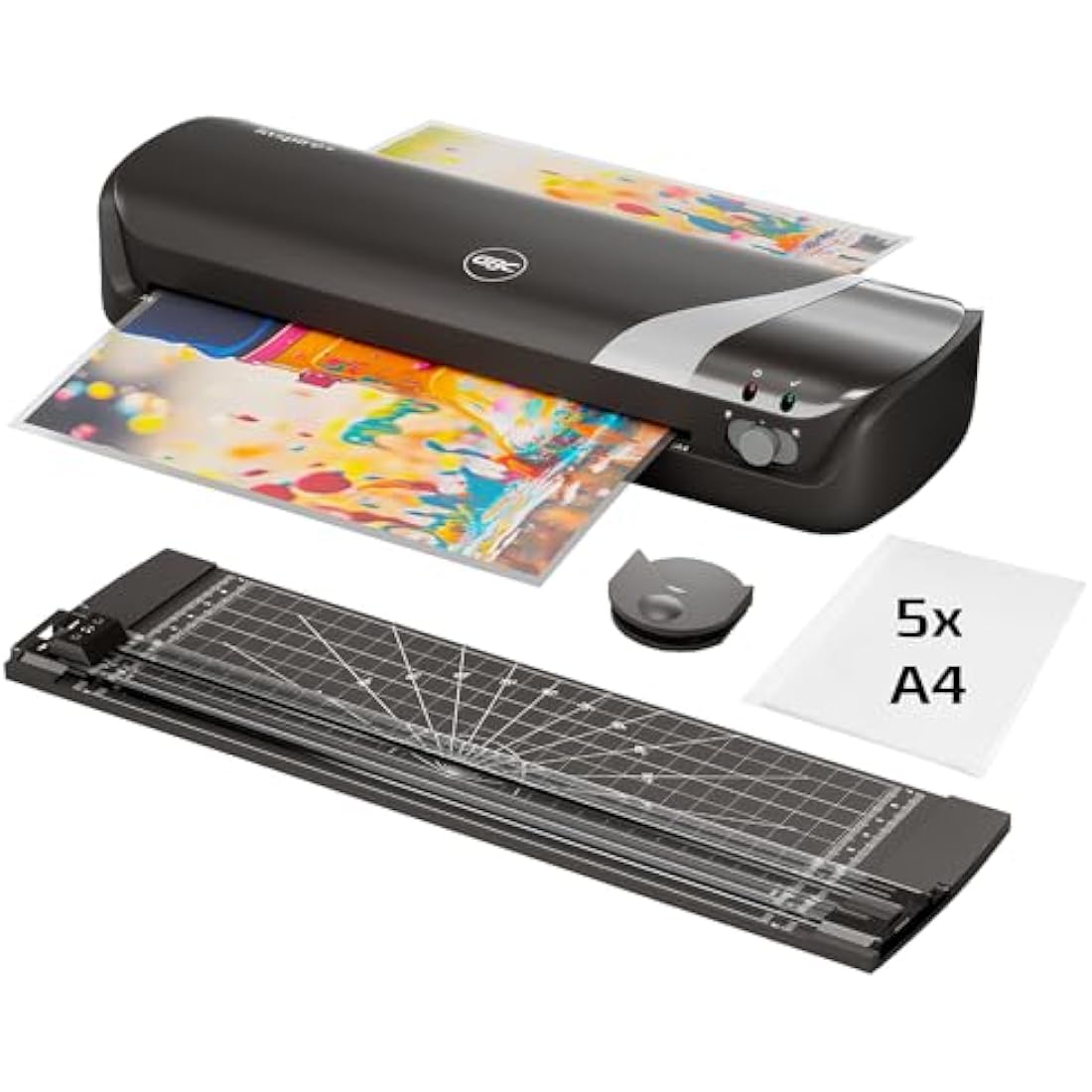 GBC Inspire+/Rexel 4-in-1 A4 Laminator Machine Set with Paper Cutter, Corner Rounder, 5 Laminating Pouches A4, Quick 4-Min Warm-Up time, Cold Lamination Setting, Ideal for Home/School, Black (4410035)