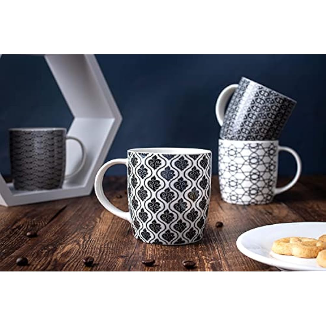 MACHUMA Set of 6 Coffee Mugs 340 ML/11.5 oz with Black and White Geometric Patterns, Ceramic Tea Cup Set 6 Pack