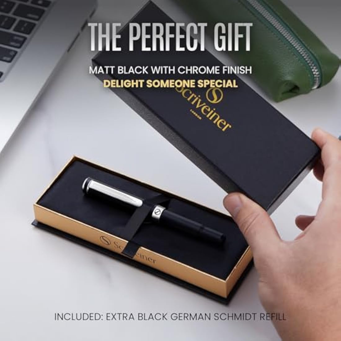 Scriveiner Black Rollerball EDC Luxury Pen, Stunning Pocket Pen with Chrome Finish, Best Writing Gift Set for Men & Women, Incliudes German Schmidt Refill, Great Present Idea for Office or Graduation
