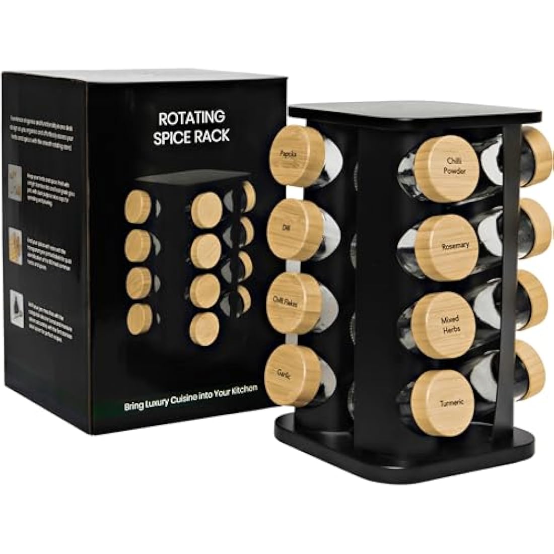 My Luxury Cuisine Rotating Spice Rack, Aesthetic Spice Rack for Inside Cupboard or Free Standing, Ideal Spice Rack Organiser Including 16 Spice Jars with Lids and Labels to Easily Sort your Spices.