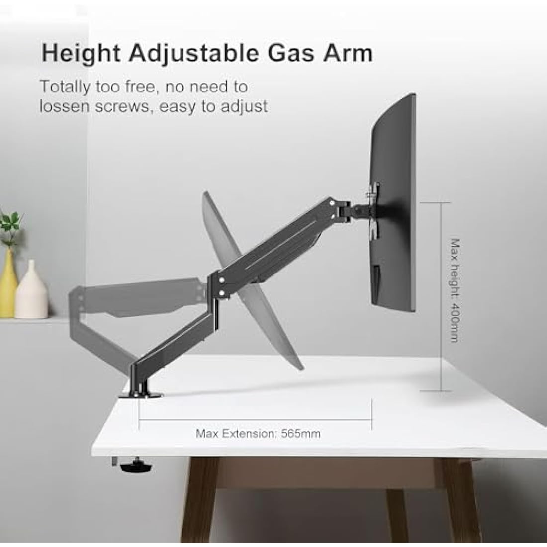 Suptek Single Monitor Arm Gas Spring, Monitor Arm Desk Mount for 17-32 inch Monitors up to 10kg, Tool Free Height Adjustable Screen Arm with Tilt Swivel Rotation, VESA 75/100mm, C-clamp/Grommet Option