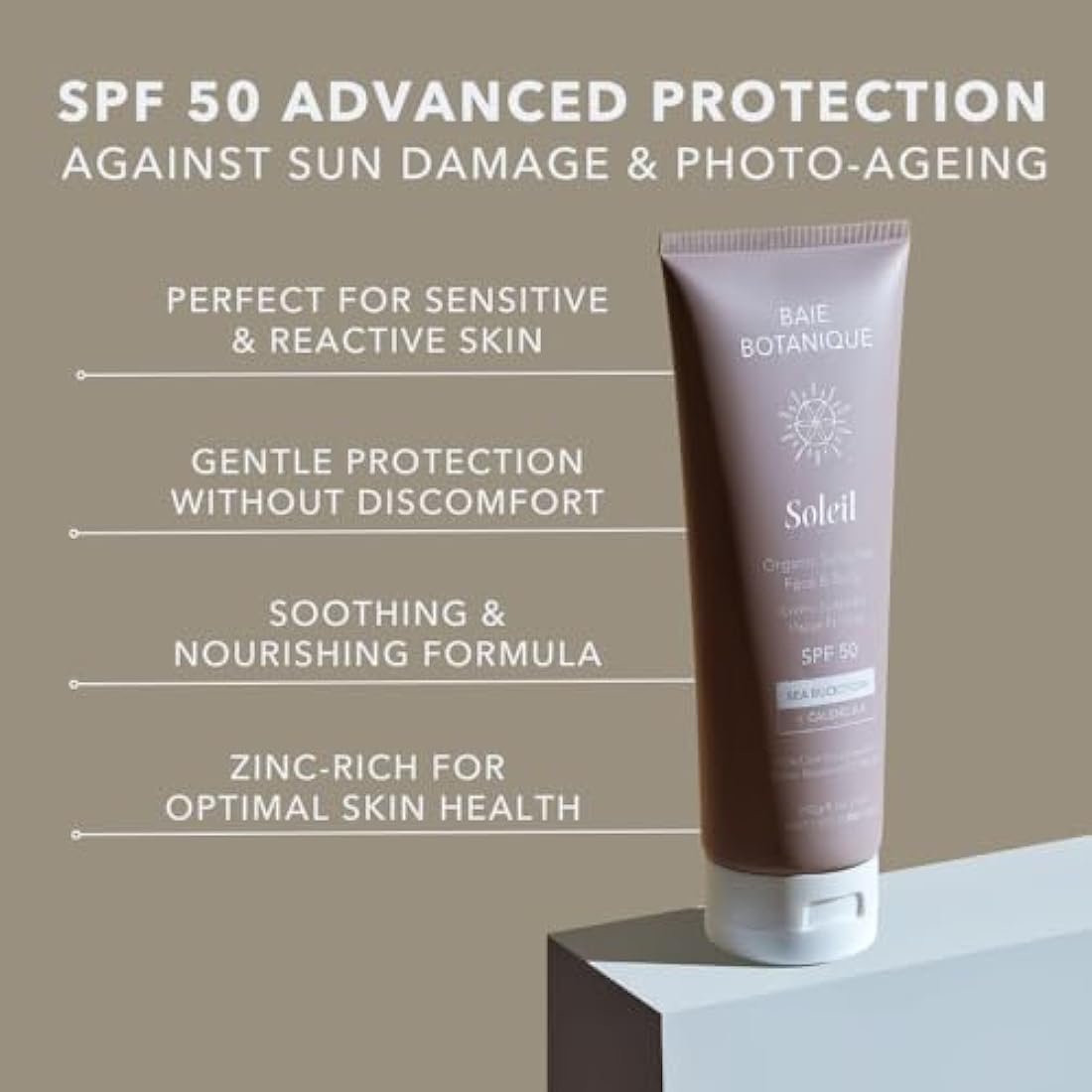 Baie Botanique Soleil - Organic Mineral Non Toxic Sunscreen - Face and Body Sunscreen Tube SPF 50 Sea Buckthorn & Calendula Natural Vegan No White Cast Chemical Filter Free Reef Safe UVA/UVB 240g