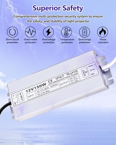 Idealyuan 12VDC 12.5Amp 150Watts LED Driver,Waterproof IP67 LED Power Supply Low Voltage Transformer Adapter,100V-260V AC to 12V DC Output for Any 12VDC LED Lighting