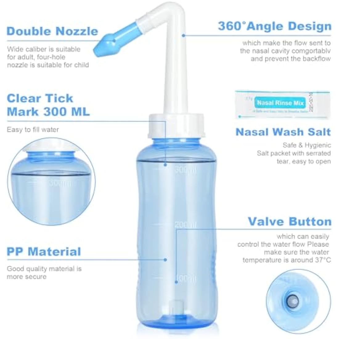 URAQT Neti Pot, Nasal Rinse Kit Nose Wash Cleaner, 300ml Sinus Rinse Bottle with 40 Nasal Wash Salt Packets, Pressure Rinse Nasal Irrigation for Adult and Kid BPA Free