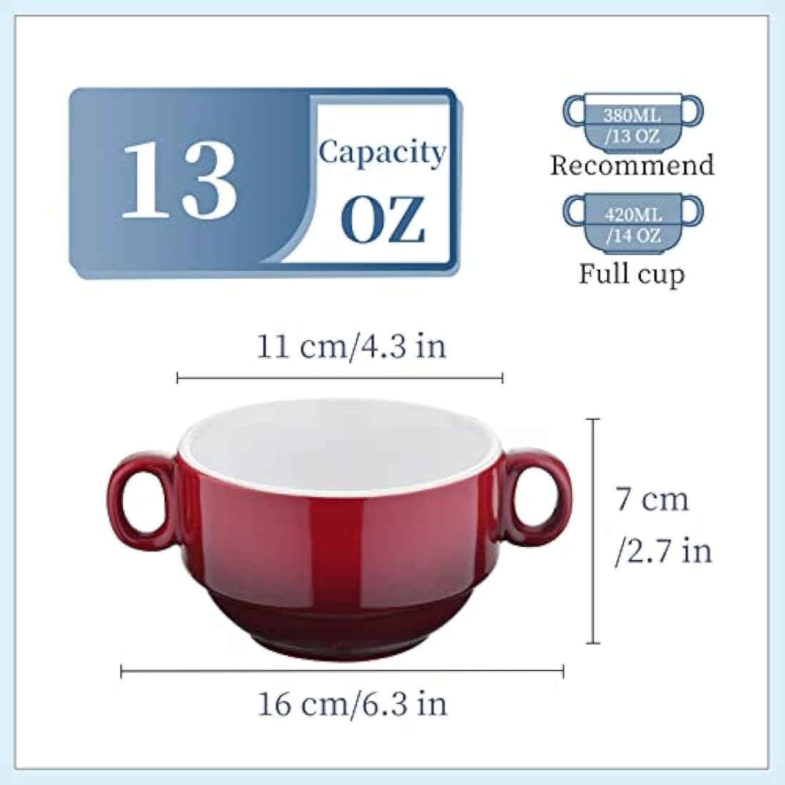 LOVECASA Soup Bowls with Handles 380ml 13 oz, Ceramic French Onion Soup Bowl crocks Oven & Microwave Dishwasher Safe, Porcelain Stackable Handled Bowls Set of 6