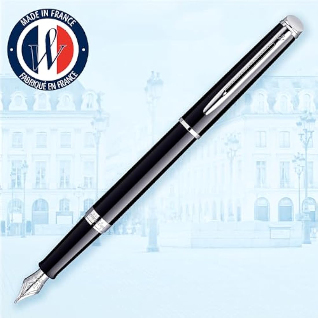Waterman Hémisphère Fountain Pen | Gloss Black with Chrome Trim | Medium Nib | Blue Ink | Gift Box