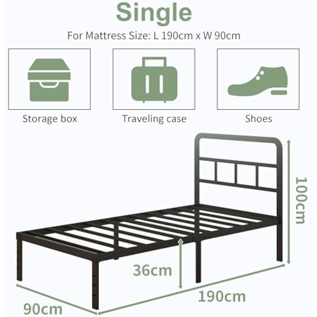 Lutown-Teen Black Single Bed Frame 3ft with Curved Headboard, Heavy Duty Metal Bed Frames Single with Steel Slats, 36 cm High, Ample Storage Underneath, Noise Free, Easy Assembly