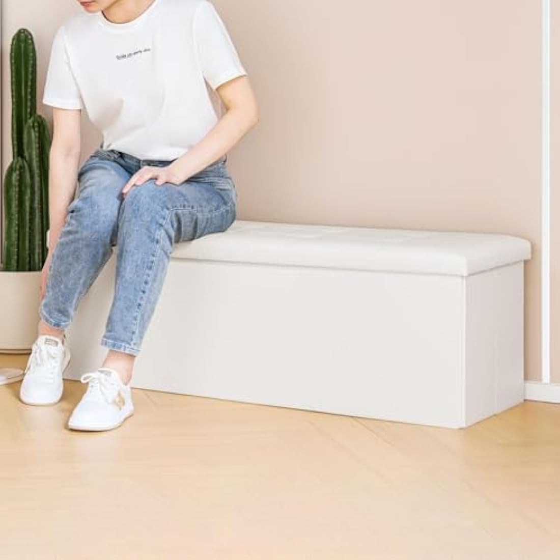 Bonlife Folding Ottoman Storage Bench with Cushion Kids Toy Box Cube Foot Stool Faux Leather Large Storage boxes with Lid,White,110 x 38 x 38 cm