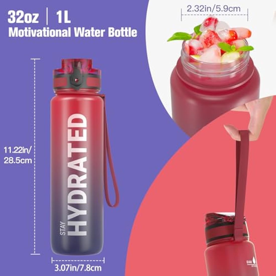 Sahara Sailor Leakproof Water Bottle 1L/500ML/750ML, Tritan BPA Free Motivational Sport Drinks Bottle with Clear Time Marker, Lock Cover, Easy Clean Brush, Durable for Gym, School, Cycling (1 Bottle)