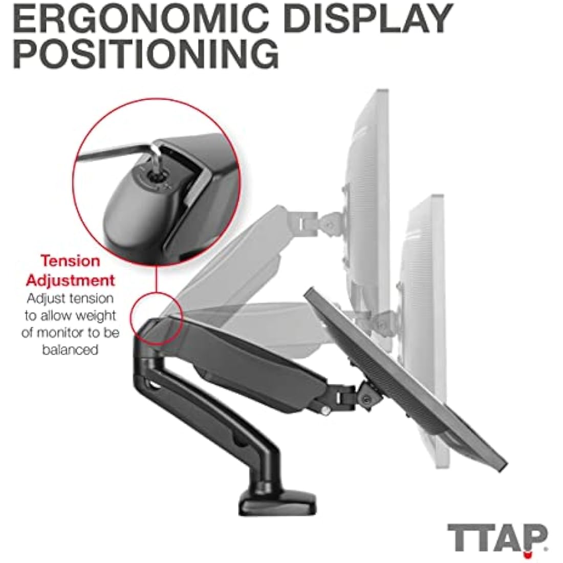 TTAP Single Gas Spring Monitor Arm Desk Mount Height Adjustable Fits 17” to 32" Monitors Maximum 9KG weight with VESA 75x75 and 100x100mm Clamp and Grommet Base Full Motion Monitor Mount