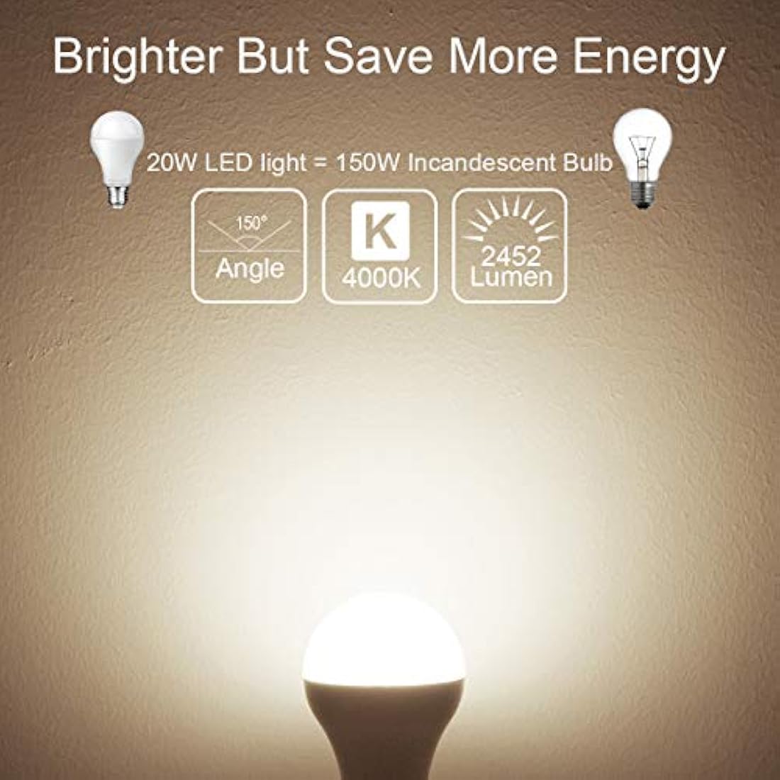 Awenia LED Light Bulb E27 Daylight Natural White A65 Edison Screw,20W 2452 lumens 4000K=150W Incandescent Bulb Golf Ball, Pack of 4