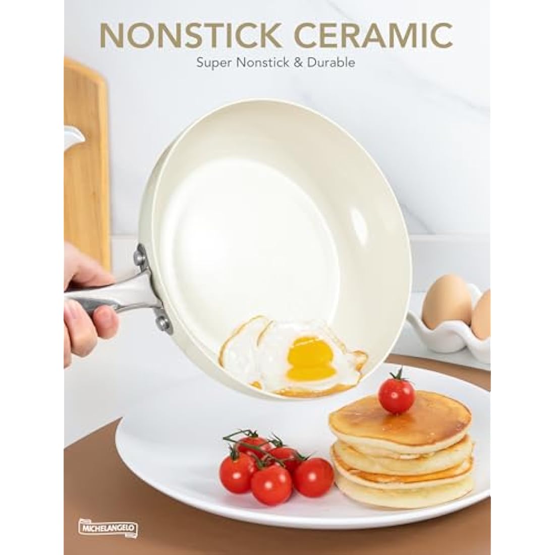 MICHELANGELO 20cm Ceramic Frying Pan, Non Stick Ceramic-Coated, Small Pan with Lid, Non Toxic, Oven Safe,Induction Compatible, Cream White
