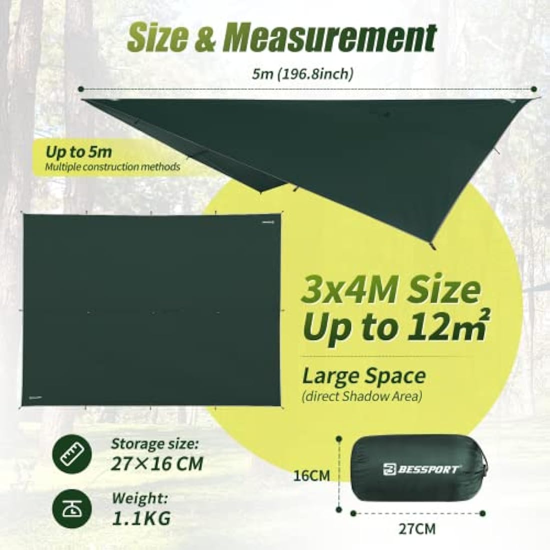 Bessport Camping Tent Tarp 3m x 3m/3m x 4m Waterproof PU3000 mm with Eyelets & 6 Aluminium Stakes & 8 Nylon Ropes, Anti-UV Suitable for Camping, Picnic, Hammock