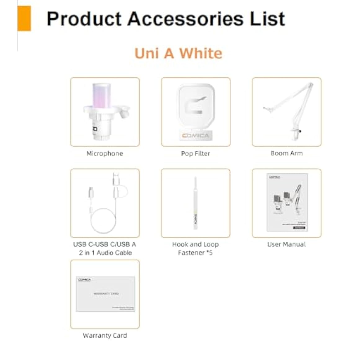 comica EJoy Uni A USB Microphone for Computer and Smartphone,RGB Cardioid Condenser Gaming Mic for Podcasting,Streaming,Recording,Music Creation,with Boom Arm Stand-White