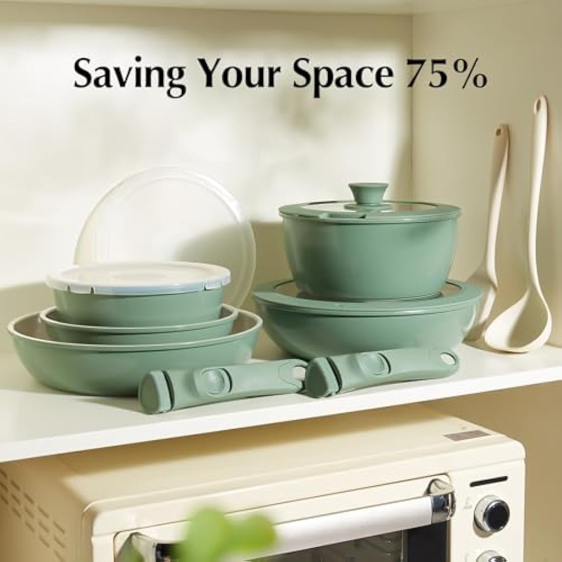 Redchef 16pcs Ceramic Pots and Pans Set Non Stick, Nonstick Cookware Set with Detachable Handle, PFAS PFOA & PTFE Free, RV Ceramic Cookware Set for Camping, Oven Safe (Green)