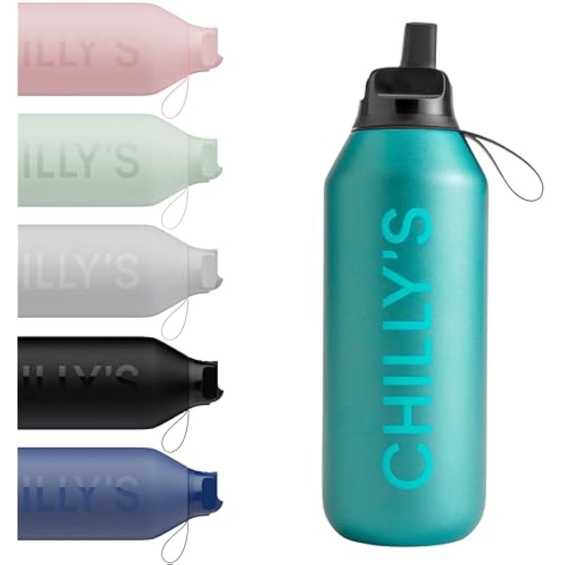 Chilly's Series 2 Flip Water Bottle with Sports Lid, Telescopic Straw and Nylon Carry Loop - Easy Flip Lid, Straw Cleaning Brush Included