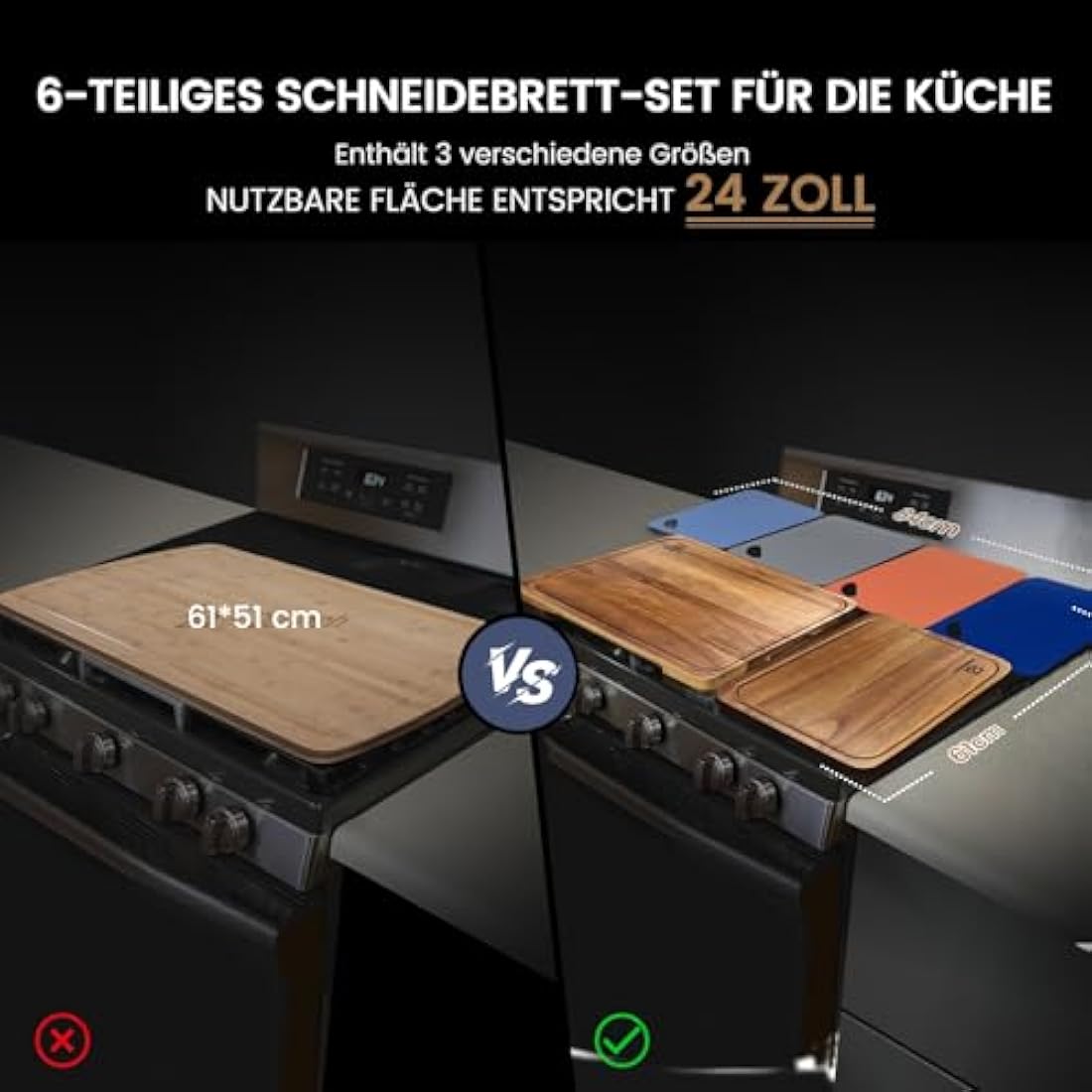 Piklohas Large Wooden Chopping Board Set For Kitchen, Acacia Wood Cutting Boards, Non Slip Feet,4 Plastic Mats, Ideal for Carving Meat Cutting Vegetables Cheeses and Bread With Juice Groove and Holder
