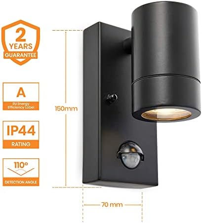 National Lighting PIR Outside Lights - Outdoor Security Lights - Matt Black Motion Sensor Presence Detector External Lantern Light - IP44 Rated 7W 240V LED GU10 Lamp (Not Included)