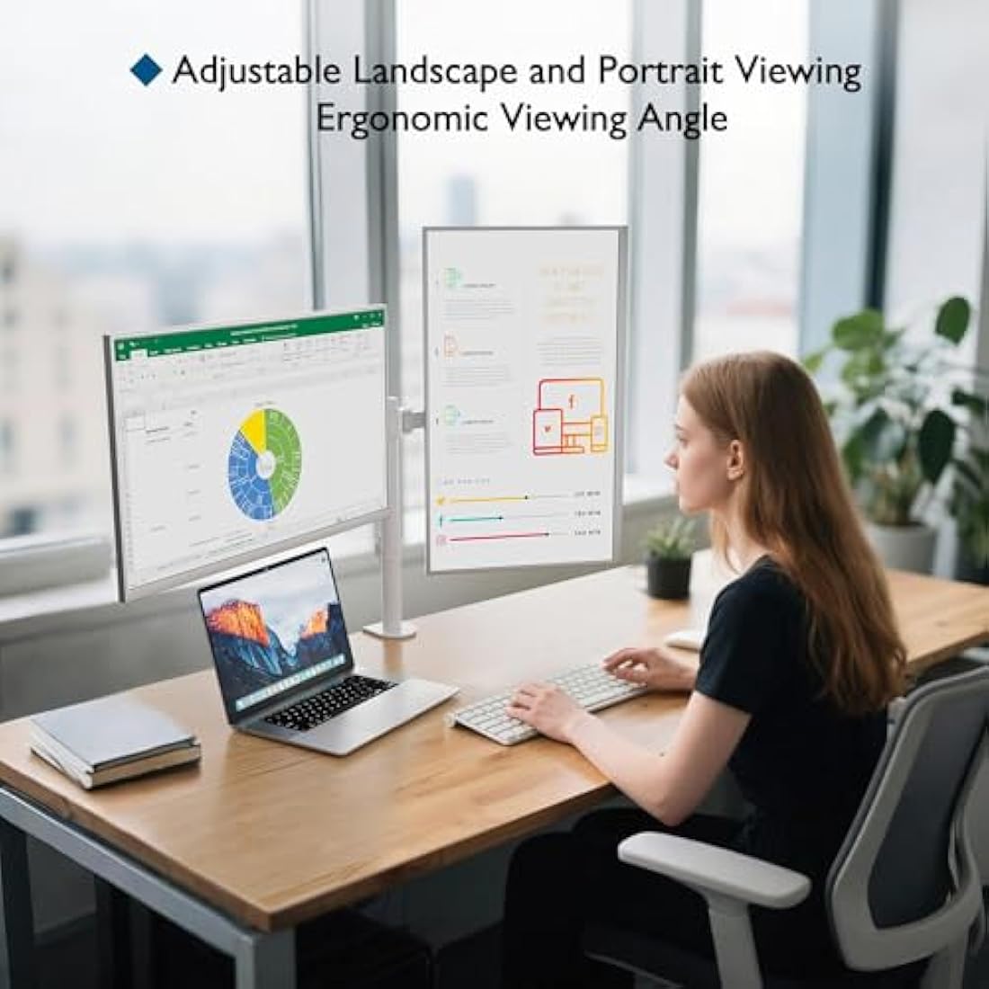 BONTEC Dual Monitor Stand for 13-27 inch Screens, Ergonomic Double Dual Monitor Desk Mount, Height Adjustable Arm Desk Mount Tilt 90° Swivel 180° Rotate 360°, VESA 75/100 White
