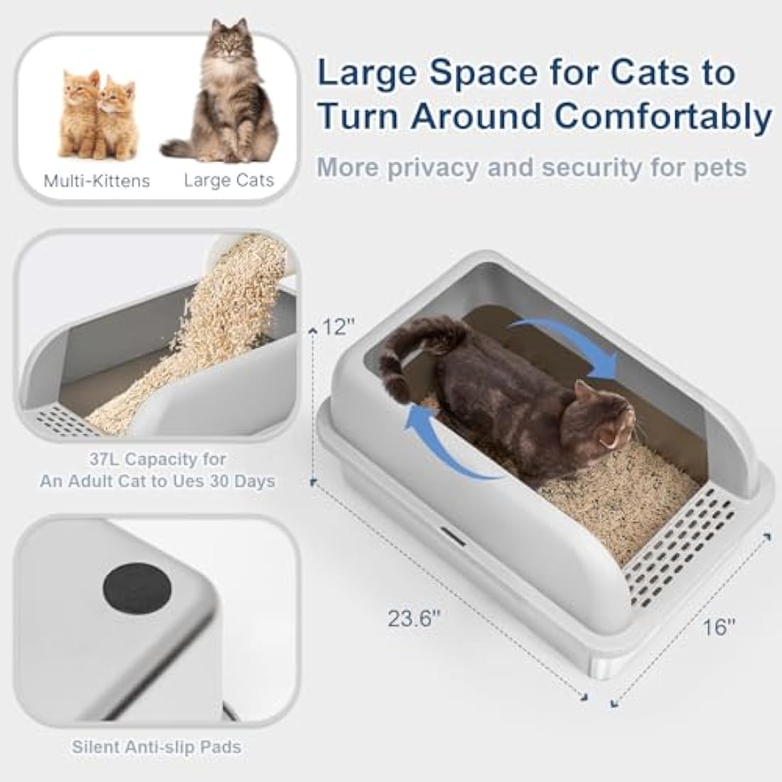 Suzzipaws Enclosed Stainless Steel Cat Litter Tray with Lid Extra Large Litter Box for Big Cats XL Metal Litter Pan Tray with High Wall Sides Enclosure, Non-Sticky, Anti-Leakage, Easy Cleaning