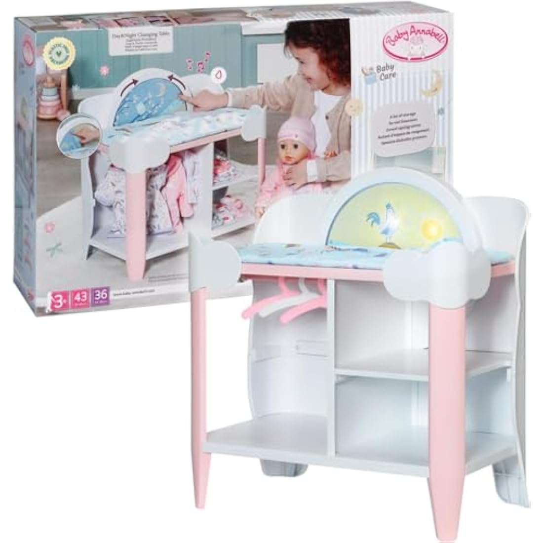 Baby Annabell Day & Night Changing Table 709672 - For 36cm & 43cm Baby Annabell Dolls - Light Effects, Changing Mat, Hangers - Require 3 AAA Batteries (Not Included) - Suitable for Kids From 3+ Years