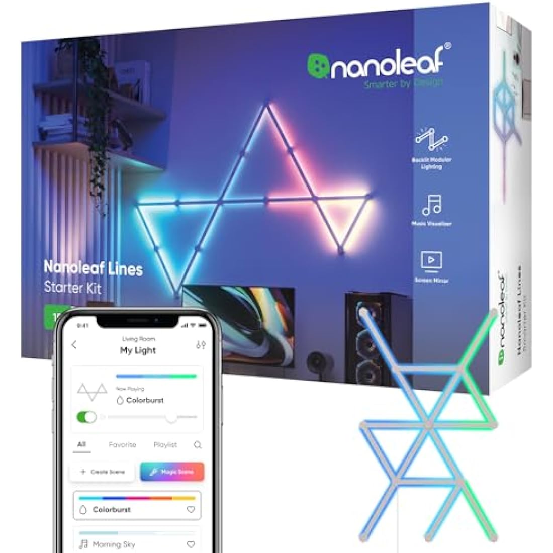 Nanoleaf Lines 60 Degrees Starter Kit, 15 Smart Light Bars LED RGBW - Backlit Modular Wi-Fi Colour Changing Wall Lights, Music & Screen Sync, Works with Alexa Google Apple Homekit, Room Decor