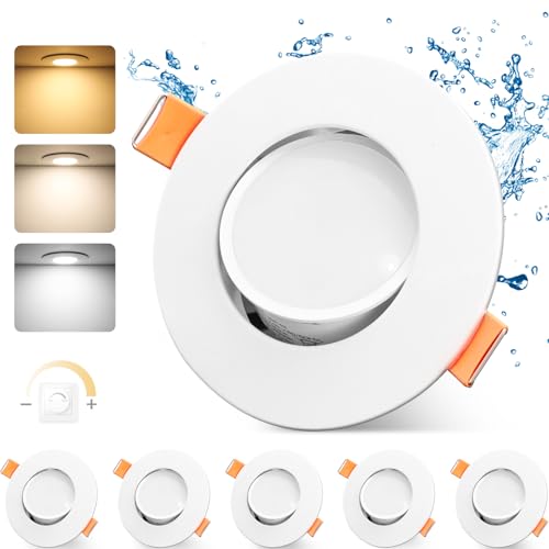 GeyouLux 3CCT LED Recessed Spotlight Dimmable 230V 4.9W IP44 Bathroom Spotlight 68-80 mm 45 Rotatable Extra Flat Round White Ceiling Light for Living