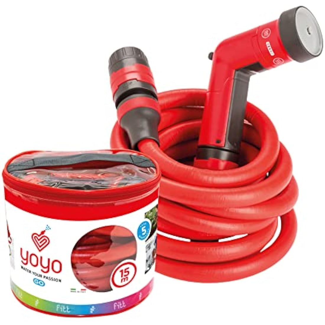 FITT YOYO 30 m, Extendable and Flexible Garden Water Hose Pipe with Multi-Function Spray Gun, Red