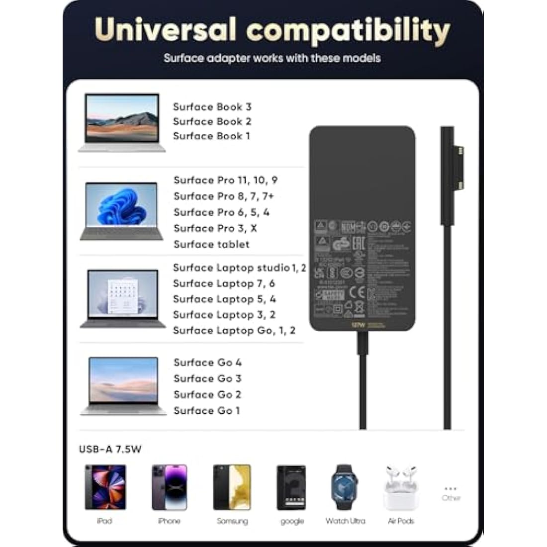 Surface Pro Charger, 127W Microsoft Surface Charger for Surface Book 3/2/1, Surface Laptop Studio 2/1, Surface Pro 11/10/9/8/7/6/5/4, Surface Laptop 7/6/5/4/3, Surface Go/Tablet,Surface Laptop Charger