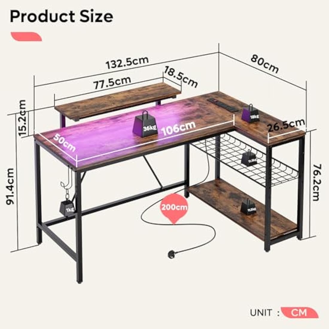 Bestier 132.5CM L-Shaped Desk with 3 Power Outlets & 2 USB Ports, LED Strip Lights – Reversible Corner PC Workstation with Shelves & Hooks for Home Office & Bedroom