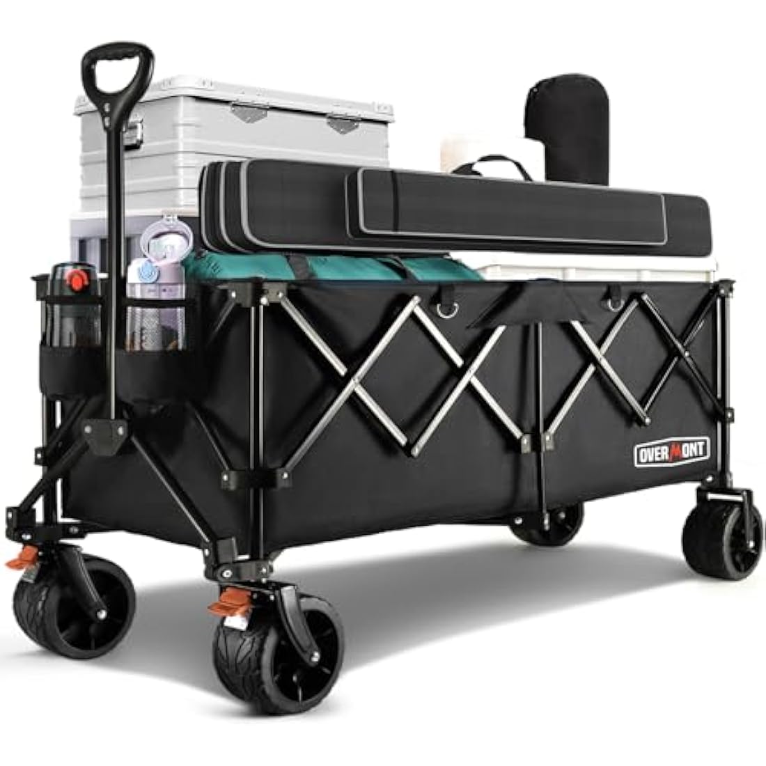 Overmont 300L Extra Large Folding Festival Trolley Cart - All-terrain Wide Wheels and Brake - Heavy Duty Cart Load up 200KG - with Adjustable Handle & Cover Bag - Wagon for Beach Camping Garden