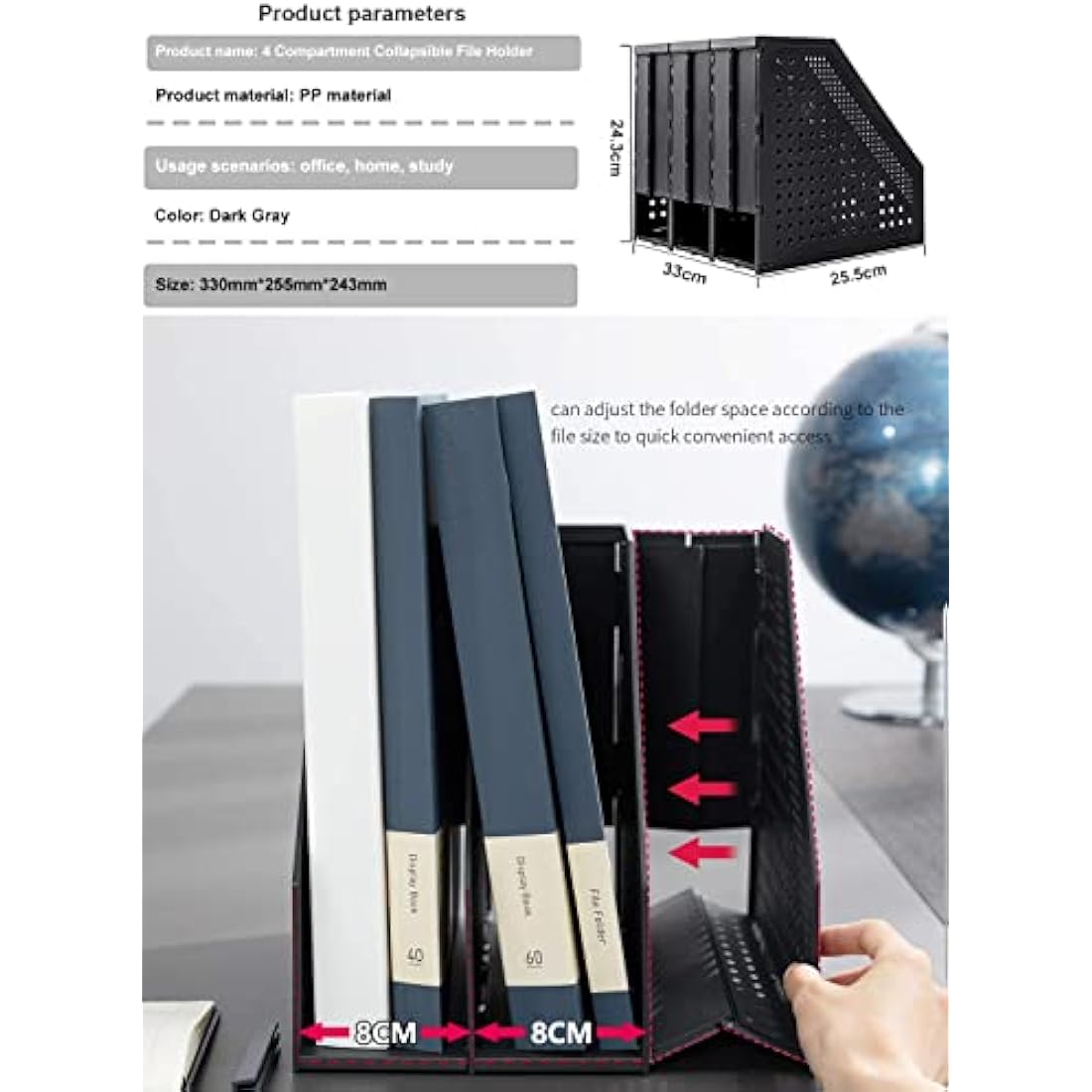 Sivelike A4 File Holder Folding Bookshelf,1 Year Warranty,4 Vertical Compartments magazine file holder,Desk Organizer Document Folder for Office Organization and Storage (Dark gray)