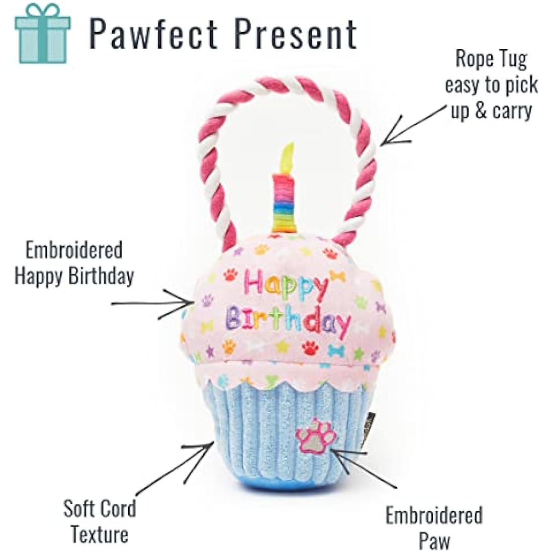 Pet London Happy Birthday Cupcake Dog Toy with Squeaker and rope tug-Celebrate Your Dog's Bday or Adoption Gift